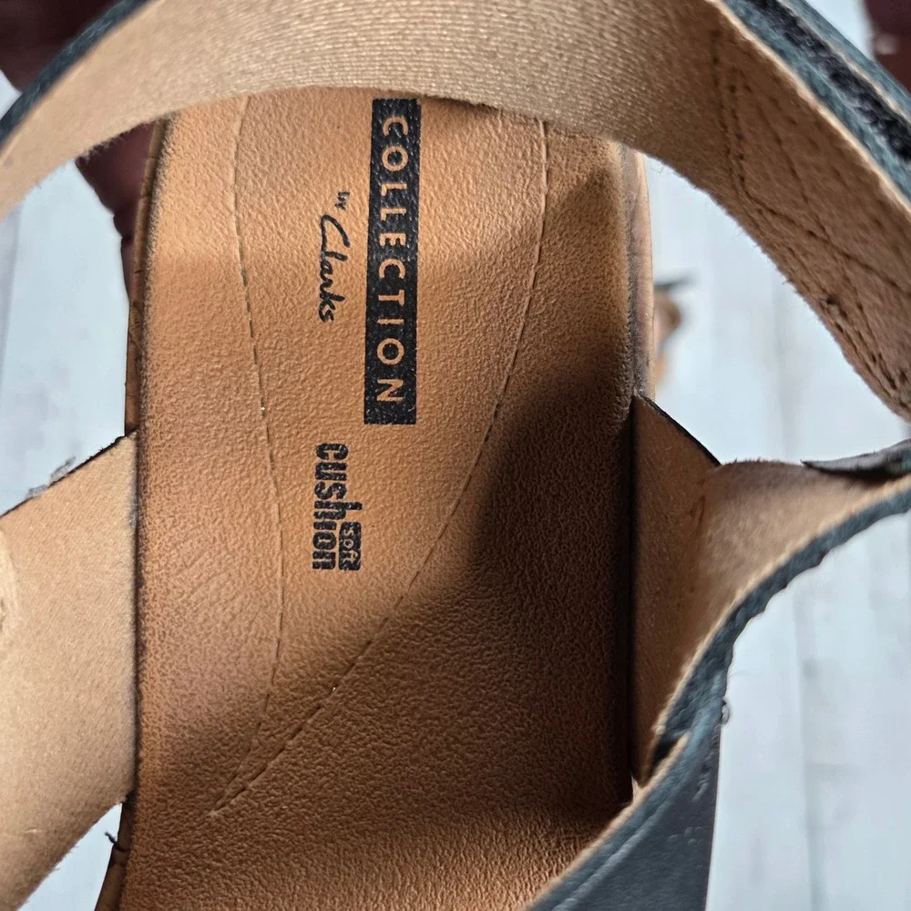Clarks Collection Wedge Sandals Black Leather Platform Womens 8 Cork Slingback